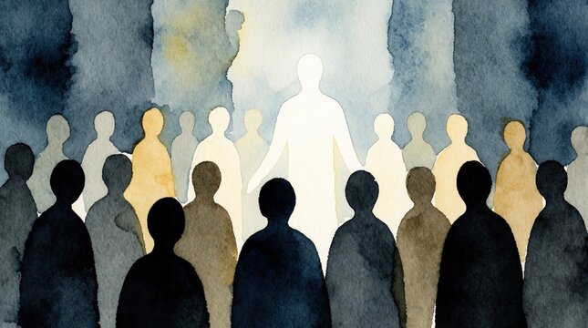Group of figures facing bright light, a spiritual journey towards enlightenment, concept of hope, inspiration, and guidance. Watercolor texture with dark blue and golden hues.