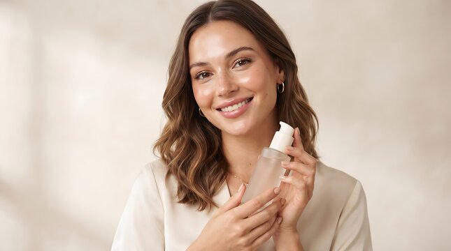 Smiling woman holding a cosmetic bottle for moisturizing skincare routine and facial beauty treatment