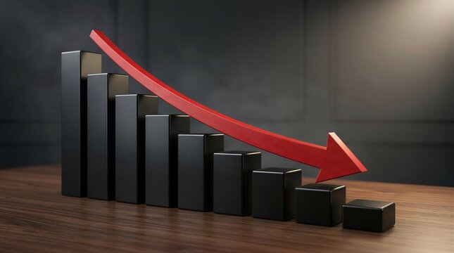 Red arrow pointing down over a black bar chart showing a financial business decline