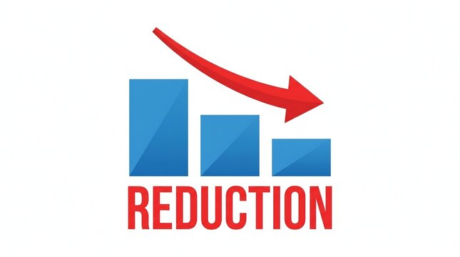 Blue bar chart showing a business reduction with a red downward pointing arrow icon