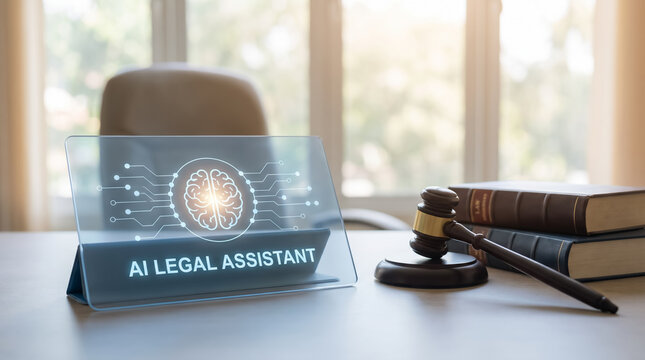 Transparent AI Legal Assistant display with glowing brain hologram