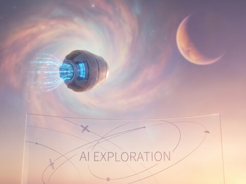 Futuristic spaceship entering glowing cosmic portal