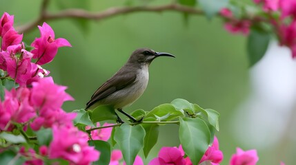Fototapeta premium A small bird with a curved beak perches among bright pink flowers and green leaves in a natural setting