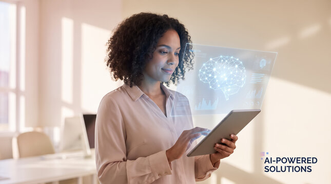 Smiling woman holding tablet with glowing brain hologram