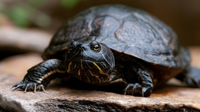 A close up of a turtle resting on a textured stone surface with detailed shell and bright eyes