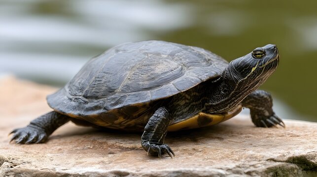 A turtle rests on a sunlit stone near water  its shell textured and eyes alert  captured in natural daylight