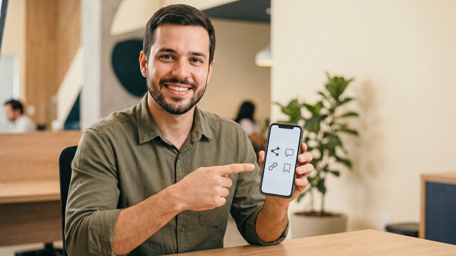 Man explains smartphone icons with a smile