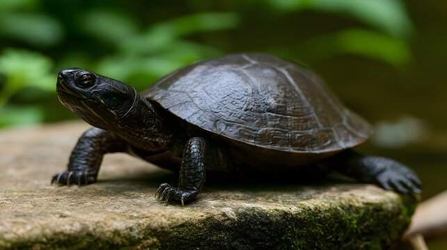 A dark shelled turtle rests on a mossy stone surface in a lush green forest environment with soft natural lighting