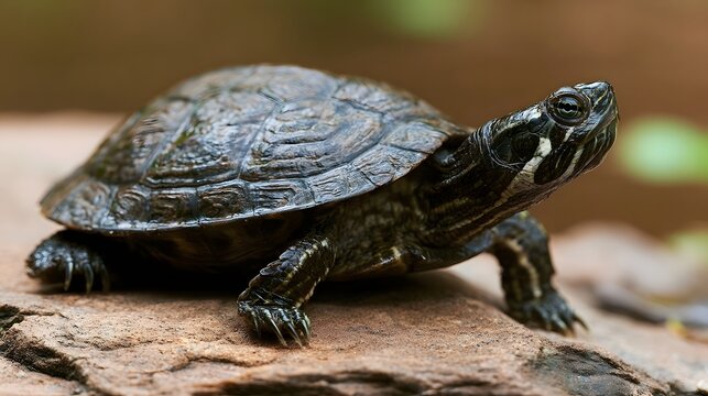 A small turtle with dark shell and striped head rests on a textured stone surface in a softly blurred natural setting