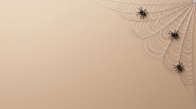 Three black spiders on a white spider web corner decoration on a soft beige background surface