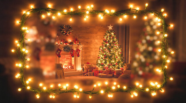 Vista exterior de una ventana de madera nevada enmarcada con luces c&aacute;lidas, mirando hacia una acogedora sala de estar navide&ntilde;a con &aacute;rbol, chimenea y regalos.