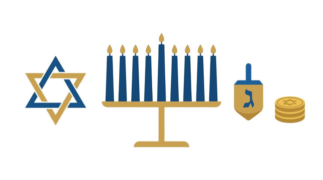 Hanukkah Symbols Menorah Star of David Dreidel and Gelt Vector Illustration