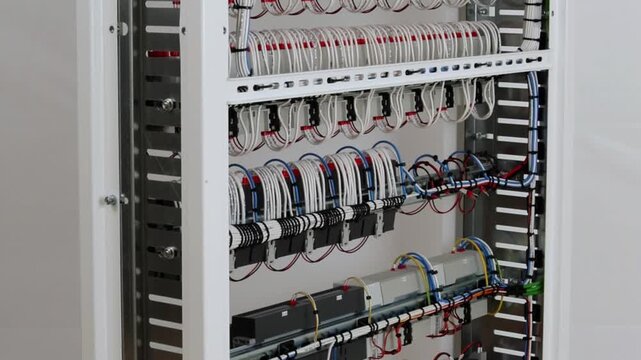 The reverse side of the electrical switchboard. The connected wires are tied with plastic ties.