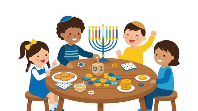Children celebrating Hanukkah playing dreidel and lighting menorah with gelt and sufganiyot Vector Illustration