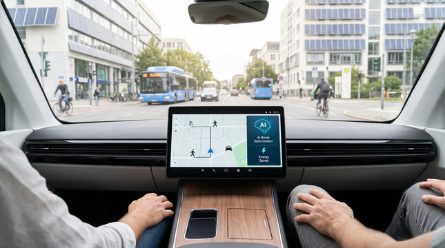 Hands resting on lap inside autonomous car with smart routing screen