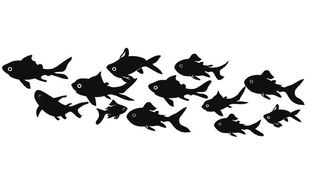 A large school of thirteen black fish are illustrated moving together in a cohesive unit across a white expanse.