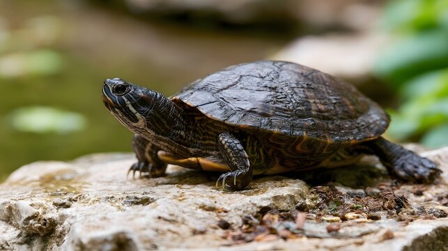 A turtle with dark shell and patterned head rests on a wet rock near water  surrounded by green foliage