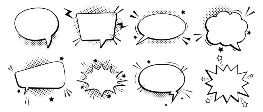 Comic speech bubbles set with halftone shadow and blast effects on white background pop art retro element collection vector illustration