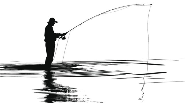 Fisherman silhouette stands in water, bending a fishing rod with the line taut, reflecting on the surface.