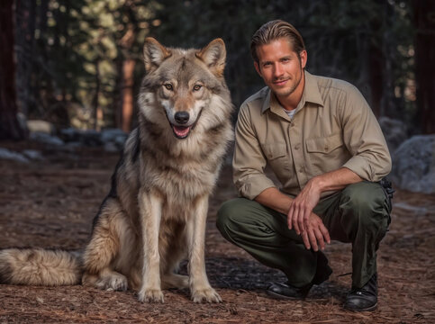 National park ranger sitting next to the gray wolf on forest background. Veterinary medicine, environmental protection and wildlife conservation concept. Lifestyle portrait for poster, visual material