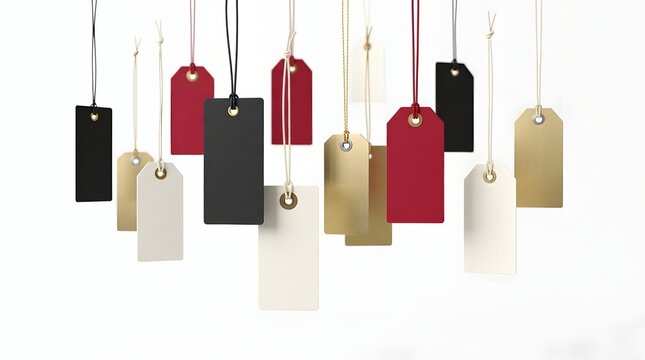 Colorful hanging tags suspended in mid-air showcasing minimalist design and varied pastel and bold tones