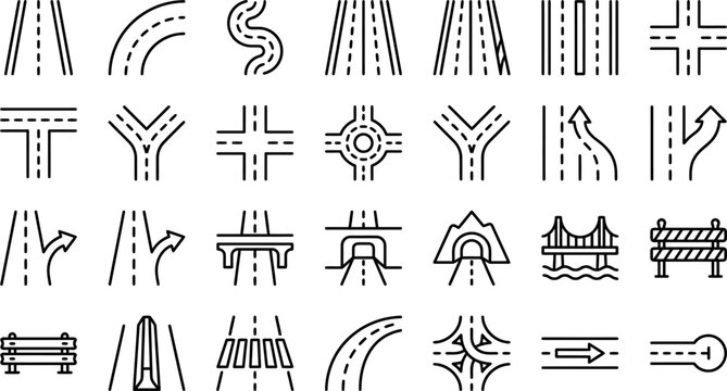 Set of black and white road and highway infrastructure icons showing various intersections turns bridges and tunnels