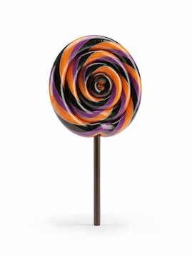 Vibrant Swirled Lollipop with Bold Orange, Purple, and Black Stripes on a Stick Against White Background