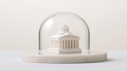 Fototapeta premium A miniature white model of a classic ancient temple building covered by a transparent glass dome cloche on a white circular marble stand