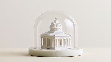 Fototapeta premium A miniature white architectural model of a classical dome building protected inside a clear glass cloche dome on marble base studio photo