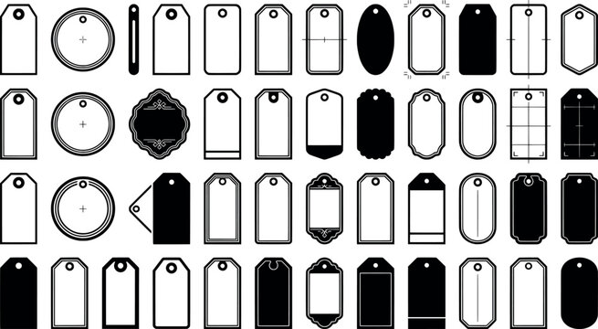 Large set of various rectangular and oval shipping tags and merchandise labels in black and white