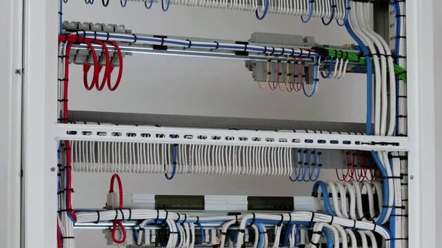 The reverse side of the electrical switchboard. The connected wires are tied with plastic ties.