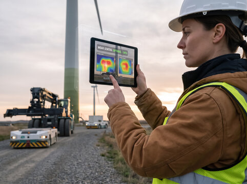Female worker checking thermal data near wind turbine and robotics