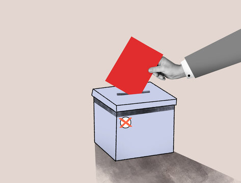 Human hand putting a red ballot paper into the ballot box. Political election, flat designed concept.
