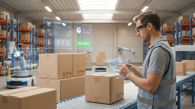 Warehouse worker using smart glasses and transparent tablet