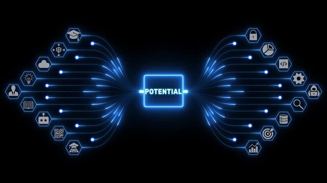 Potential concept with professional icons and luminous blue pathways representing talent, capability, and opportunity across a dark digital network