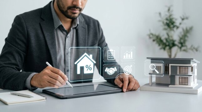 Businessman using tablet for digital real estate management, mortgage rates, and property investment analysis.