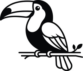 Fototapeta premium Toucan Bird Perched on Branch Vector Line Art Icon Graphic on Transparent Background.