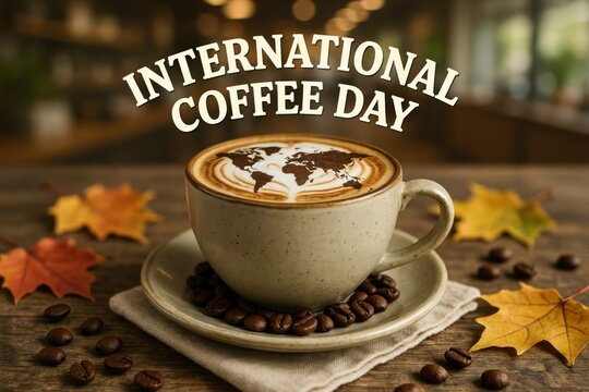 International coffee day celebration with a world map latte art cup on a rustic wooden table