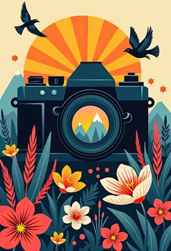 Camera captures sunrise over mountains with birds flying and flowers blooming around
