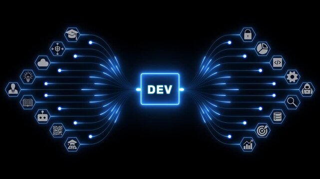 DEV software development concept with coding icons and luminous blue pathways representing digital engineering across a dark network background