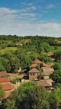 Aerial view of old rustic vintage houses with wine cellars in Rogljevacke pivnice in Negotin region of Serbia. Vertical video 4k