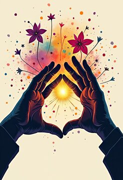 Hands hold glowing light with colorful flowers bursting around them