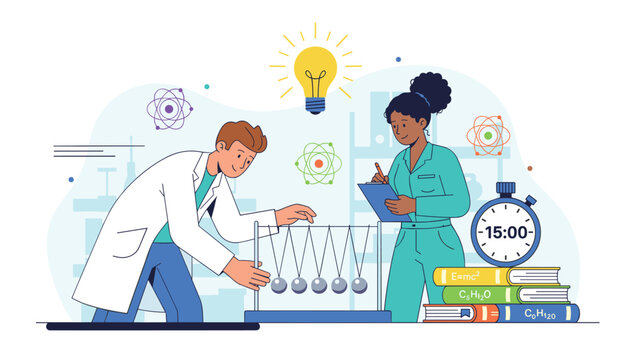 Diverse scientists conducting physics research using newtons cradle and atomic models while recording results in professional laboratory.