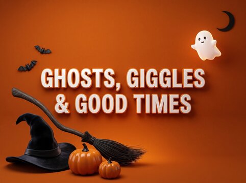 Orange halloween background with witch's hat, broom, smiling ghost, and pumpkins for ghosts, giggles and good times.