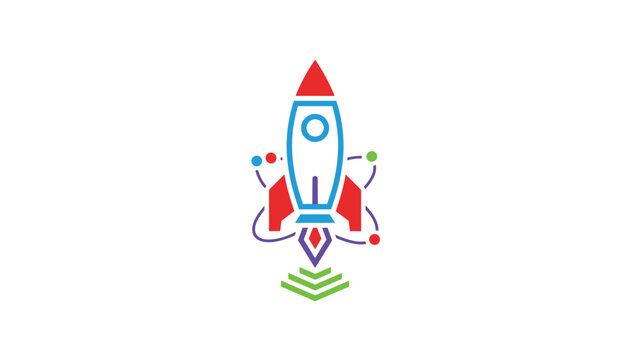 Creative technological logo design featuring a colorful rocket launching upwards with scientific atomic orbit symbols.