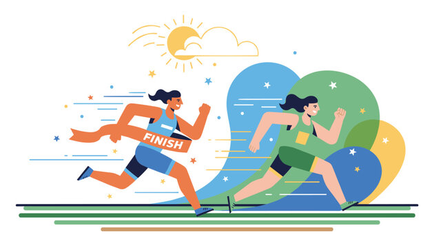 Two determined female athletes racing and crossing the finish line during a track competition under a bright sun.