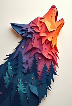 Colorful paper wolf howls above forest trees