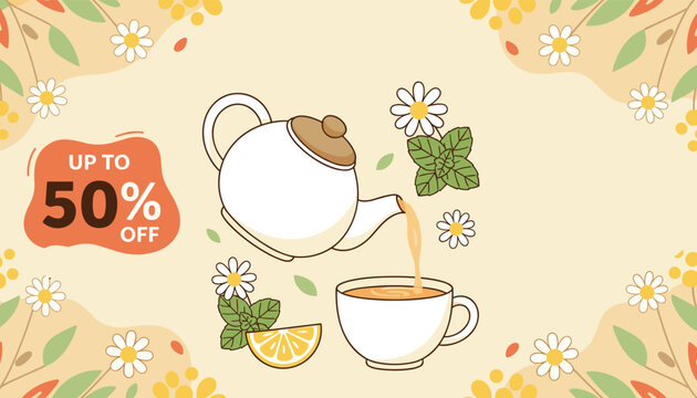 White teapot pours herbal tea into a cup surrounded by daisies and mint leaves for a special fifty percent off promotion deal.