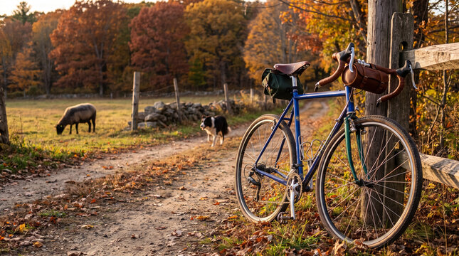 Bicycle leaning against a fence on a dirt road in autumn  