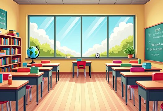 Sunlight fills bright classroom with colorful desks and books on shelves